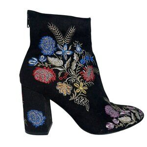 BOHO Ankle Boots Floral Embroidery Size 9 Black Velvet Festival Block Heels VGUC